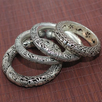  Encantador prata 925 Artesanal de prata Tailandês esculpida bracelete da jóia de estilo nacional artesanais Miao prata redonda oca Pulseira