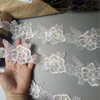  1 jarda de 10 cm de Algodão Branco Pérola Flores de Folha de Bordado Guarnição do Laço de Fita de Tecido de Costura Suprimentos de Artesanato Para o Vestuário Chapéu de Decoração