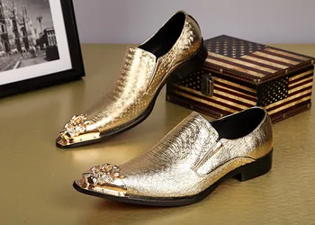  Luxo gold mens sapatos de ferro pontiagudo dedo do pé de oxford sapatos para homens de casamento sapatos de mens de couro italiano sapatos flats tamanho 13