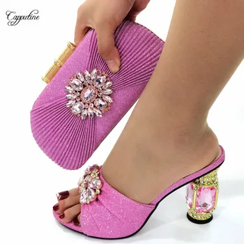  Cor-de-rosa Design italiano Sapatos Combinando Com a Bolsa para a Mulher Africana Salto Alto Verão Bombas E Bolsa Bolsa de Chinelos, Sandálias CR139