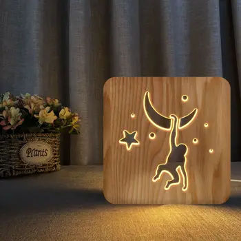  Lua estrela Sólido de Madeira Oca Escultura 3d Led Lâmpada de Tabela Macaco USB Luz Noturna para Crianças de Presente de Aniversário de Decoração do Quarto
