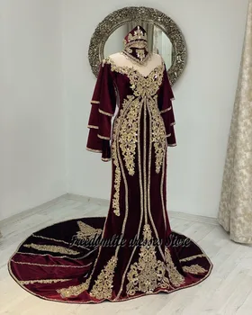  Tradicional Caftan Marocain Borgonha Sereia Vestidos de Renda Applqiue Manga Longa Vestido de Baile robe de soirée de mariage