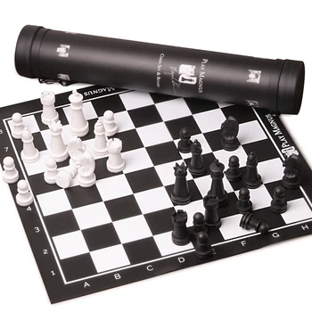  De Plástico de alta Qualidade Jogo de Xadrez Tabuleiro de xadrez, Couro Preto E Branco Peças de Xadrez Características de jogo de Xadrez com Cilindro I161