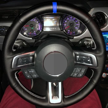  DIY Costurado a Mão Macia de Cabedal Preto Azul Marcador de Carro Cobertura de Volante Para Ford Mustang 2015 2016 2017 2018 2019 2020