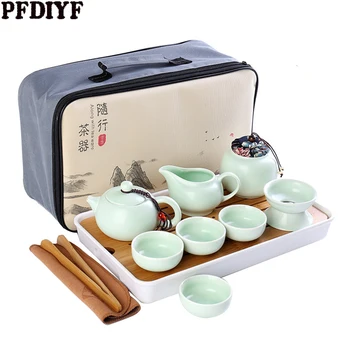  Viagens chineses de Kung Fu Conjunto de Chá com o Saco de Cerâmica Portátil de Xícara de Porcelana Serviço de Gaiwan Copos de Chá Caneca da Cerimônia do Chá, Bule de chá