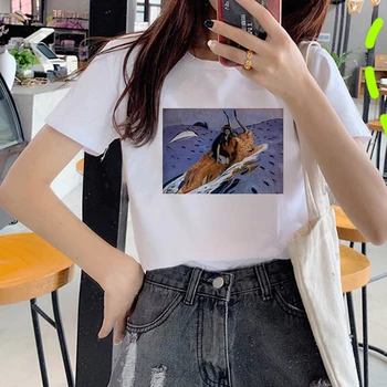  2021 Verão as Mulheres T-shirt pinturas a Óleo de gato Impresso, Camisetas Casuais Tops Tee Harajuku 90 Vintage Branca camiseta menina T-shirt