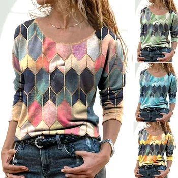  2021 a primavera e o outono de moda nova quente do estilo padrão geométrico solta de mangas compridas superior t-shirt da roupa das mulheres t-shirt das mulheres