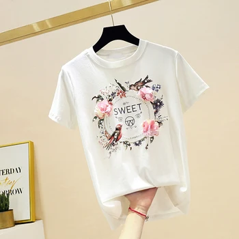  Verão Magro T-Shirt para as Mulheres Novas Flores Tridimensional Frisado Impressão de Camisa de Manga Curta Senhoras Tops de Alunos de T-Shirts