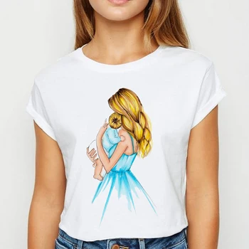  Verão Bonito Filha De Desenhos Animados Mãe Mãe Mama Roupas Gráfico Tshirt Superior Senhora De Impressão De Tê Fêmea T-Shirt Engraçada Tee T-Shirt Harajuku