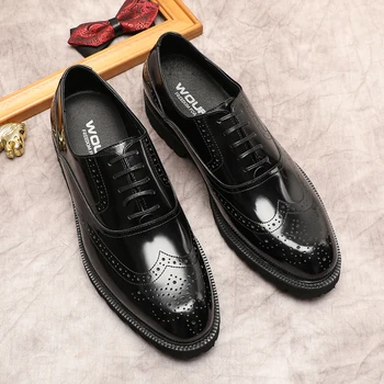  Os homens de Negócio Formal de Calçados de Couro Genuíno Couro Original dos Homens Sapatos de Vestido Preto Marrom Laço de Casamento de Homens de Oxford, Sapato Brogue