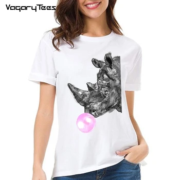  Bubble Gum Rinoceronte Menina Legal Engraçado de Impressão Branco Hip Hop Harajuku Girls Criativo T-shirt de Moda de Topo Bonito