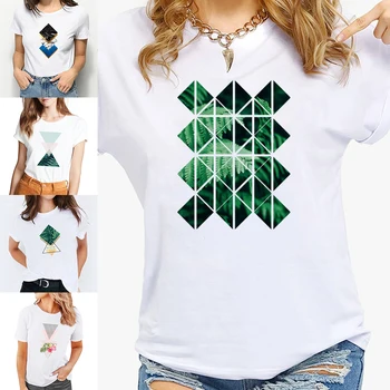  T-shirt de Verão Base O-Camisa de Gola Manga Curta Camiseta forma de Série Padrão de Moda Senhoras Tops, Roupas Femininas Roupas Tees