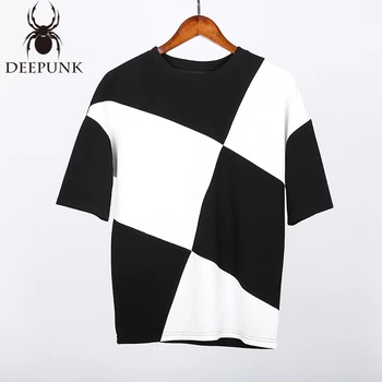  2016 Novos Homens soltos cor preto e branco bloco de decoração de T-shirt resumo curto da luva t-shirt da Moda verão cantor fantasias