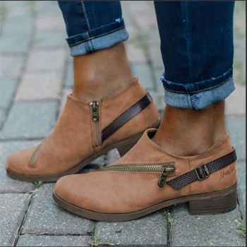  Mulheres Retro Ankle Boots Bonito Vintage PU Couro Zipper Fivelas Botas de Salto Baixo Casual Robusto Sapatos de Verão Plus Size