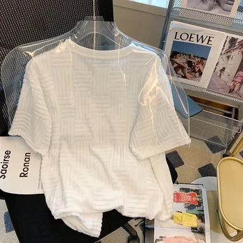 Casua Branco Sólido Mulheres T-shirts Solta Simples Tees de Moda de Verão do Algodão Colisão Listras Confortável Manga Curta O Top com Decote em Maré
