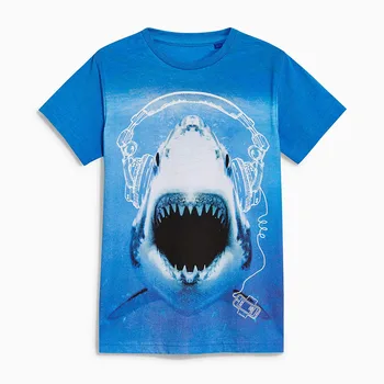  Pouco Maven Nova de Verão, as Crianças de Roupa Curta O pescoço de Tubarão Azul Impresso Malha Bonito de Algodão de Qualidade Meninos Grandes Casual 4T-10T Tshirt