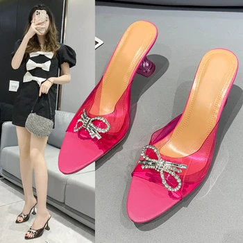  9 cm de Mulheres de Sapatos de Salto Alto 2022 Moda Verão Finas de Calcanhar Sexy Transparente Chinelos Femininos Confortáveis Sandálias cor-de-Rosa Azul
