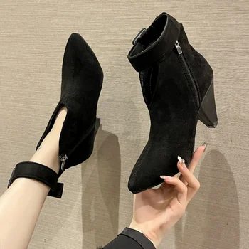  Botas de Mulheres 2023 Novas Ankle Boots de Camurça para as Mulheres a Moda de Botas de Senhoras Fivela Zíper Grosso Calcanhar Botas Femininas Zapatos De Mulher
