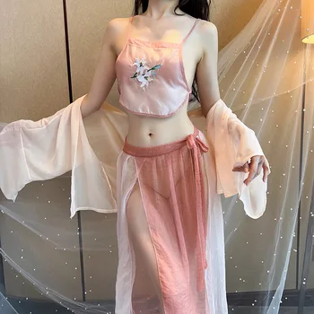  Mulheres De Lingerie Sexy Chinês Tradicional Roupão De Banho, De Malha Bandage Terno Menina Ver Através De Pijamas Flores Longas Vestes Camisola