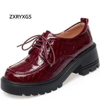  ZXRYXGS 2022 de Alta Qualidade de Couro Sapatos de Couro envernizado Mulher de Sapatos de Salto Alto Tamanho Grande Estilo Britânico de Não-deslizamento Tendência de Sapatos Novos