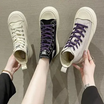  Alta top canvas sapatos para mulheres na primavera e no outono de 2022, a nova versão coreana do versátil grossa sola de sapatos casuais