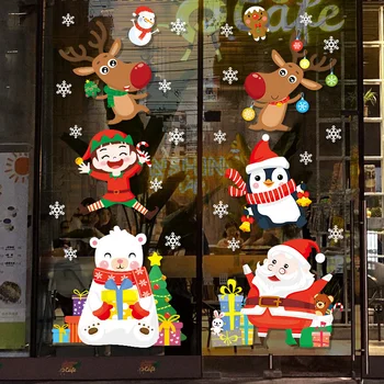  Natal Decoração Do Vidro Autocolantes Dos Desenhos Animados Do Cartoon Santa, Boneco De Neve, Floco De Neve Adesivo De Parede Janela Clima De Festival De Decoração