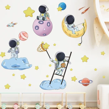  Espaço Astronauta Adesivos de Parede para Quarto de Crianças, Quarto infantil Decoração de Parede Removível, Auto-Adesivo de Parede dos desenhos animados Murais Decalques