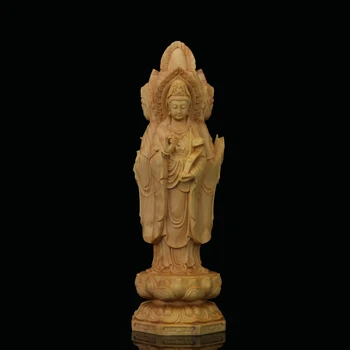  Buxo 20cm de Guanyin Escultura de Madeira Estátua de Buda Três Rosto Guan Yin com o Menino Decoração de Casa
