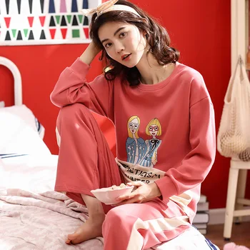  Mulheres 2019 a primavera e o verão as mulheres pijama mulheres de outono, de novo duas peças de manga longa, calças das mulheres da coreia do pijama conjuntos de pijamas