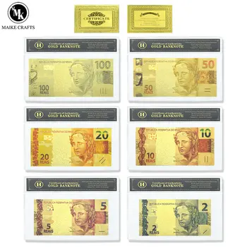  6pcs/set Brasil de Papel Money2/5/10/20/50/100 de Reais, com Notas de Folha de Ouro com Certificado do Titular do Cartão para a Coleta do Presente do Negócio
