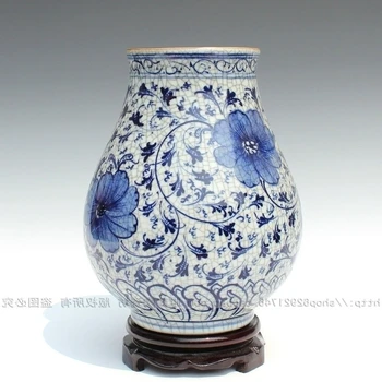  azul Cerâmica e branco antigo guanyao crack esmalte vaso adhesins peônia balde de decoração