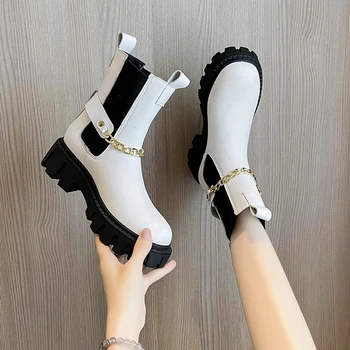  2022 Outono Branco Preto Fino de Espessura Inferior de Cadeia Curta Chelsea Boots Mulheres de Comércio exterior O Mesmo Cigarro Botas Sapatos Mulheres