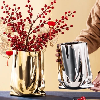  Nordic Vaso de Cerâmica Eletrodeposição de Ouro Saco de Pano Vaso de Cerâmica TV da Sala de estar Mobiliário Decoração, Enfeites Vaso