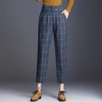  Outono e inverno nova moda feminina xadrez de cintura alta, com nove pontos calças de harém era fino solto grosso casual calças AL181216