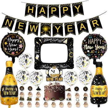  Ouro preto Tema de Festa de Ano Novo Decoração de Balão Conjunto com Bolo Toppers e Garrafa de Vinho Balão para a Véspera de Ano Novo Decoração