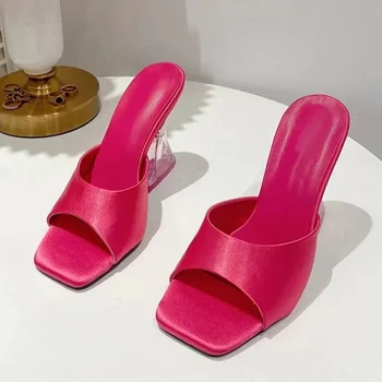  2022 Verão Mulheres Novas Sandálias Laranja De Seda Transparente Sapatos De Salto Alto Sandálias Confortáveis Aberto Toe De Moda Chinelos De Quarto Feminino