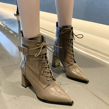  Grosso Calcanhar Ankle Boots Mulheres 2022 Nova Fivela do Cinto de Laço Outono de Metrô de Pontas de Moda, os Saltos Altos Mulheres botas sapatos de alta