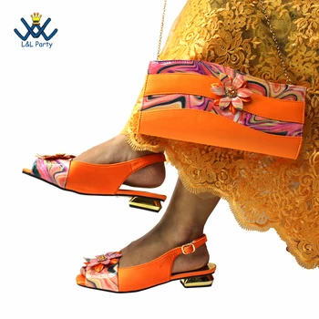  2022 Nova Moda do Peep Toe Sapatos de Correspondência Correspondência Conjunto de Saco na Cor Laranja Para as Mulheres Nigerianas Senhoras Festa