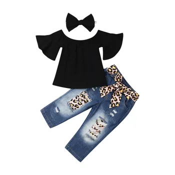  Boutique de Roupas de Menina 3PCS filho Bebê Meninas para Fora do Ombro Tops, T-Shirt Leopard Calças jeans Conjunto de Verão