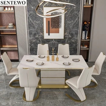  SENTEWO Luxo Moderna Mesa de Jantar Com 8 Cadeiras de Jantar Conjunto de Aço Inoxidável de Ouro da Base de dados de Vidro Temperado Superior Sereia Cadeira de Jantar