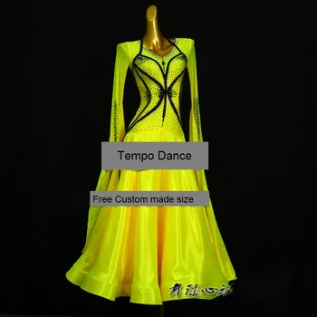 Tamanho personalizado Mulheres Swing Tango Valsa Suave NOS 8 Concurso de Dança de Vestido Amarelo Vestido de Dança de Salão
