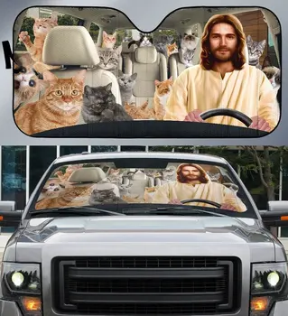  CONDUÇÃO JESUS E GATO Auto de pára-brisa, pára-Sol de Animais Engraçados Personalizado Dobrável Viseira de Sol do Protetor de Sol para Carro, SUV