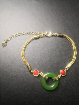  Natural Verde Jade Pulseira Braclets para as Mulheres Corrente de Ouro no Bracelete Pulseiras de Fio