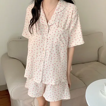  Mulheres Ternos de Algodão Meninas coreano Bonito Cereja Impressão Pijama 2 peças de Conjunto Doce Solta Lapela Pijamas de Manga Curta Homewear