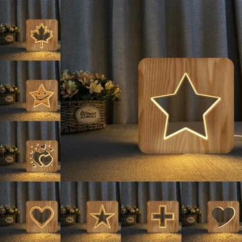  Corações, Estrelas Folhas de LED 3D de Madeira, a Luz da Noite Oco Lâmpada de Tabela de Poder de USB do Telefone Luzes Para Crianças do Bebê de Aniversário, Presente de Ano Novo