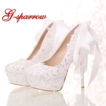  Belo Laço Branco e Glitter Sapatos de Noiva Redondo Toe laço de Fita de Casamento Sapatos de Salto Alto Plataforma de Mulheres de Vestido de Festa de Sapatos