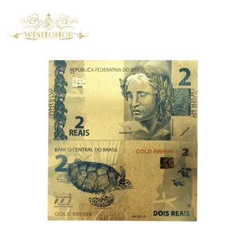 Nice Produtos 10pcs/lot Cor Brasil de Ouro de Notas de 2 Reais Notas em Ouro 24K Chapeado Dinheiro de Papel Para Coleção