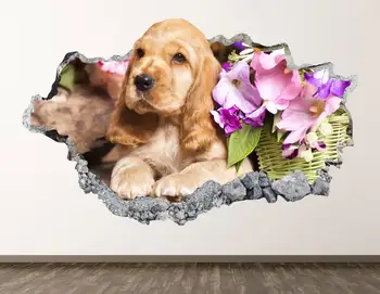  Pequeno Cão de autocolantes de Parede - Flores 3D Esmagado Arte de Parede Autocolante de Decoração de Quarto de Crianças de Vinil em Casa Cartaz Personalizado de Presente KD861