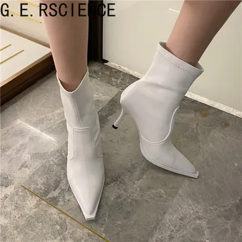  2021 novos sapatos femininos de salto alto tubo curto dedo apontado stiletto mulheres botas de elástico macio design de couro botas de moda