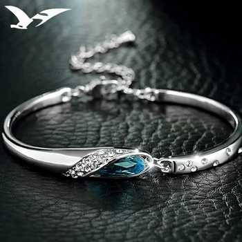  Moda senhoras embutidos com zircão Azul Cristal Pulseira de Prata 925 Ajustável criativo Bracelete feminino pulseira de prata